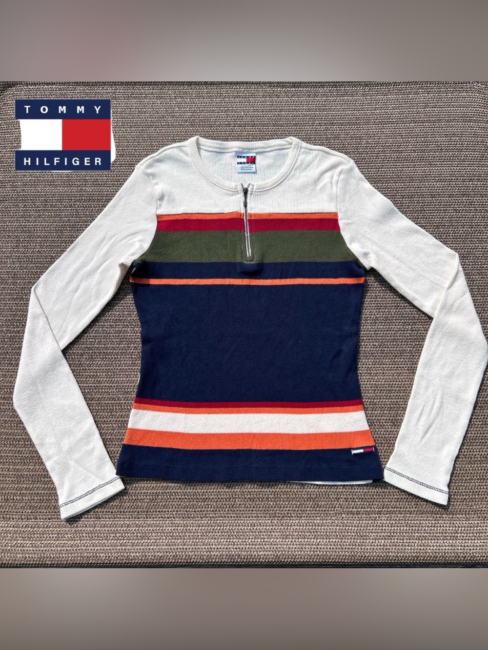 Tommy Hilfiger Navy & Cream Striped Zip-Neck Sweater